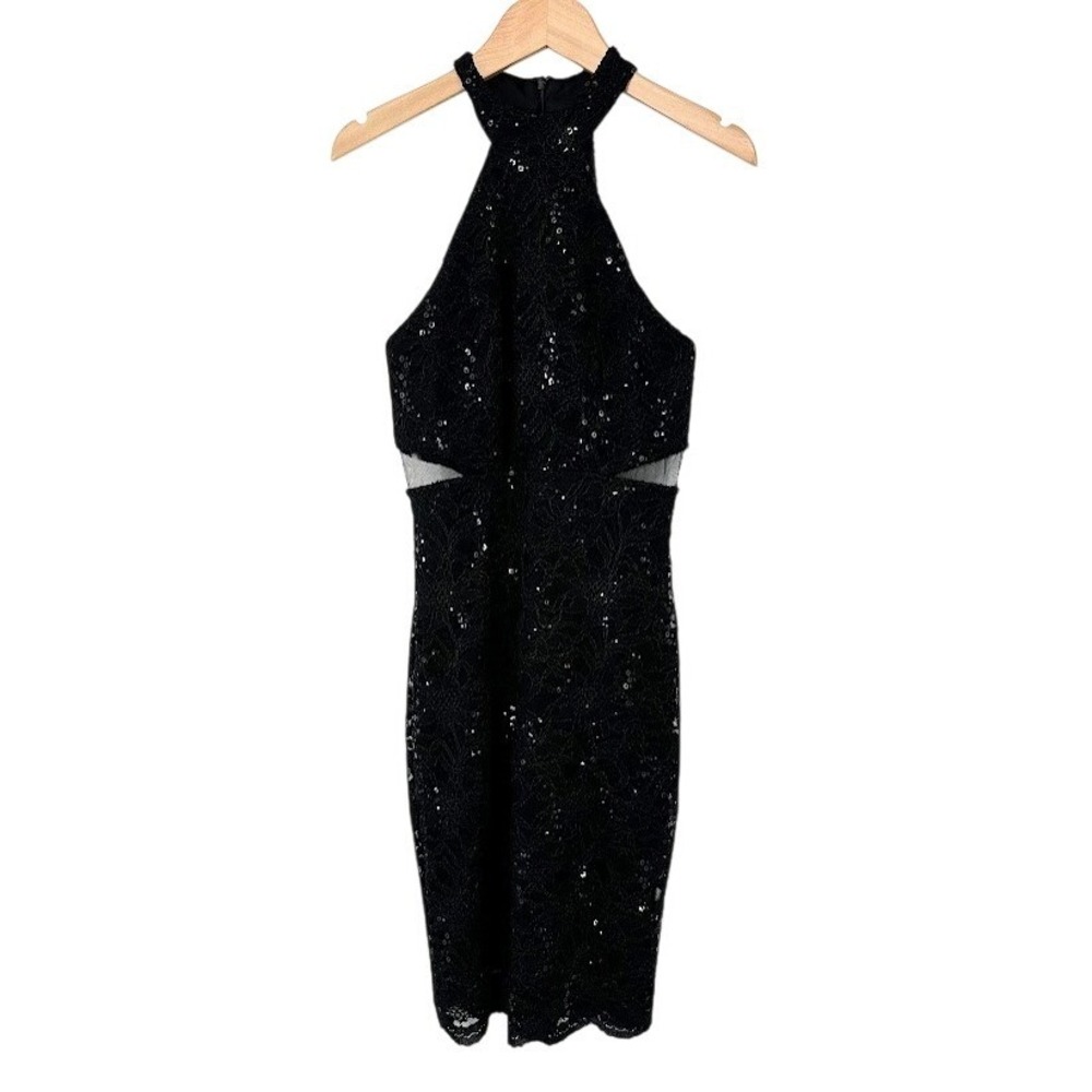 Jump Apparel Dress Size 1/2 Black Lace Sequin Halter Cutout Y2K Cocktail Formal